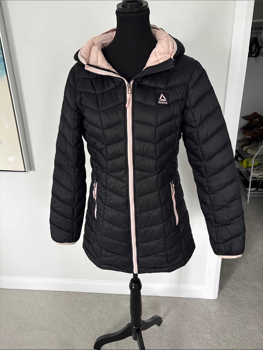 Reebok Black Quilted Hooded Jacket with Light Pink Trim